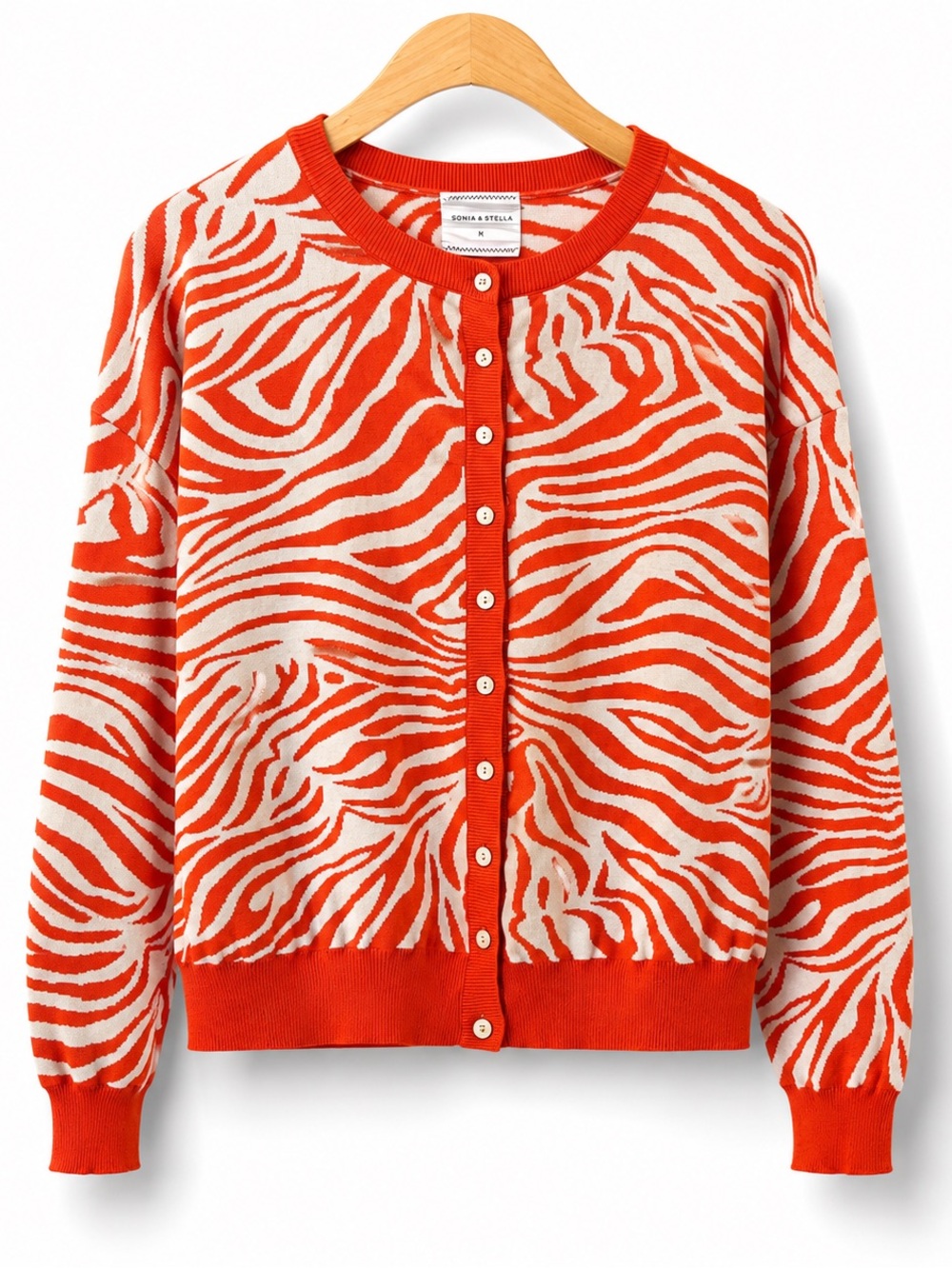 SOHO & STELLA Zebra Cardigan Orange White Knit Button Sweater L
